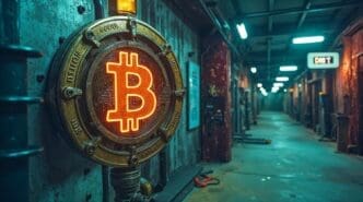 A neon sign displaying the Bitcoin logo illuminates a dark, futuristic corridor.
