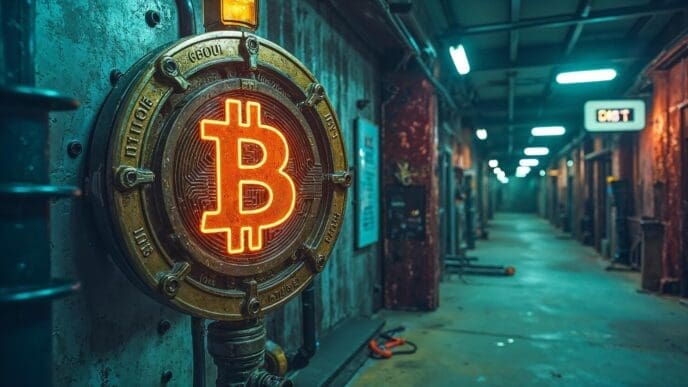 A neon sign displaying the Bitcoin logo illuminates a dark, futuristic corridor.