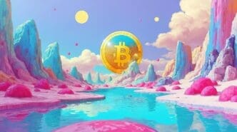 A surreal landscape features oversized Bitcoin symbols as mountains and lush, colorful foliage.