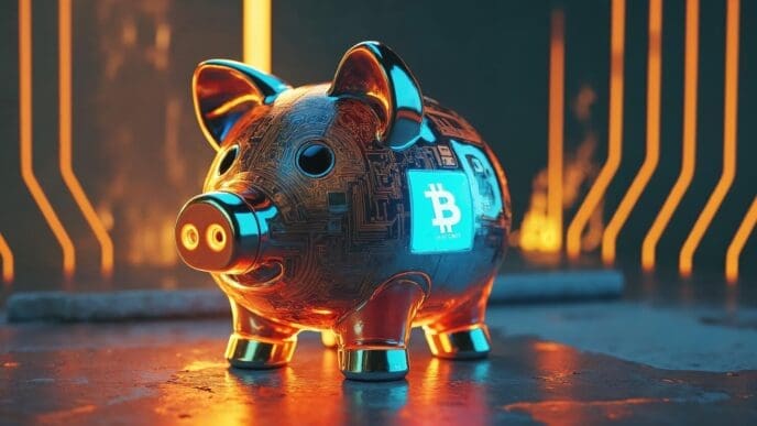 A stylized, futuristic cyberpunk piggy bank shaped like the Bitcoin logo.