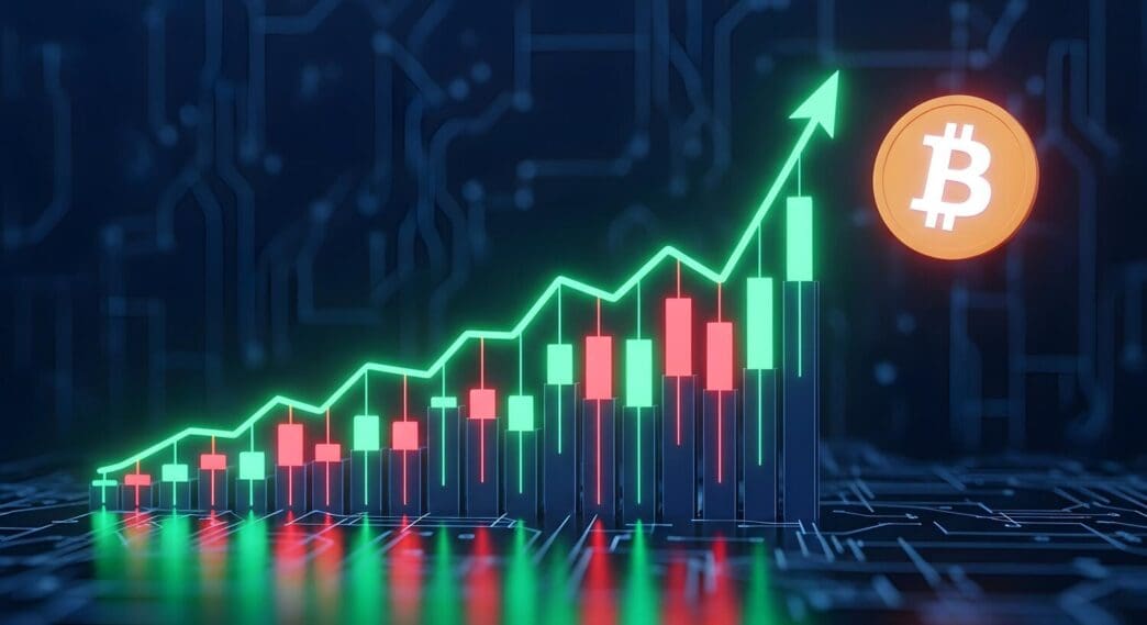 A line graph depicts the increasing price of Bitcoin, illustrating growth in the cryptocurrency market.