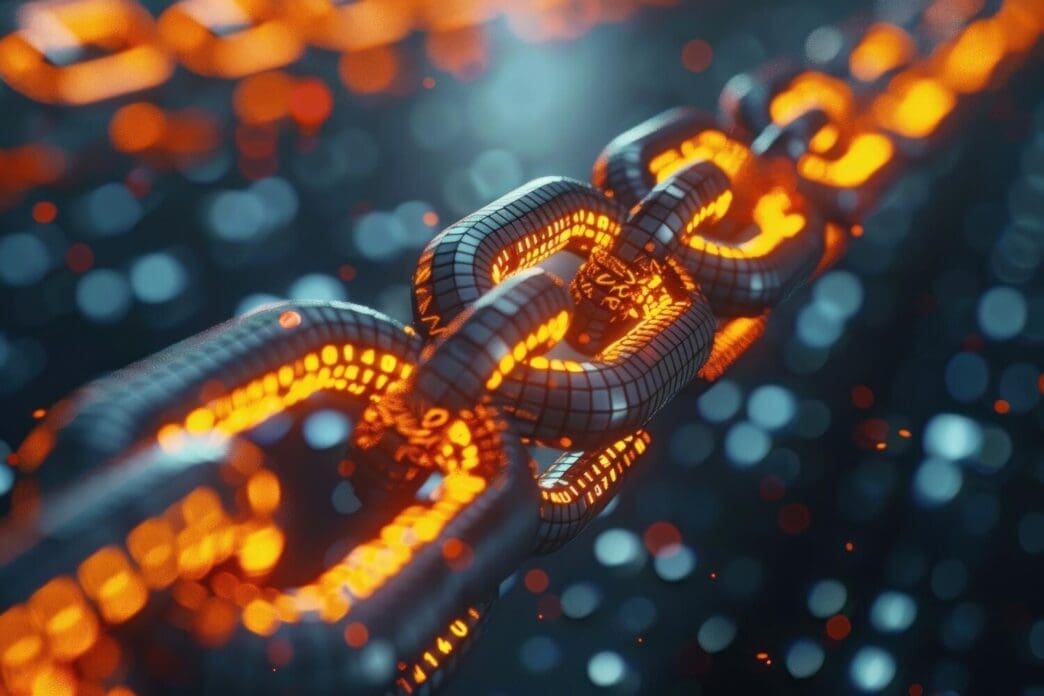 Close-up of a blue medication pill with a blockchain graphic on its surface.