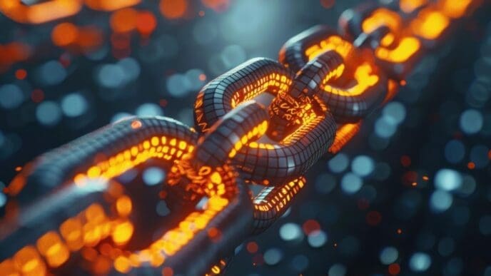 Close-up of a blue medication pill with a blockchain graphic on its surface.