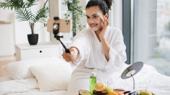 A person wearing a facial mask holds a smartphone camera, likely taking a photo or video.