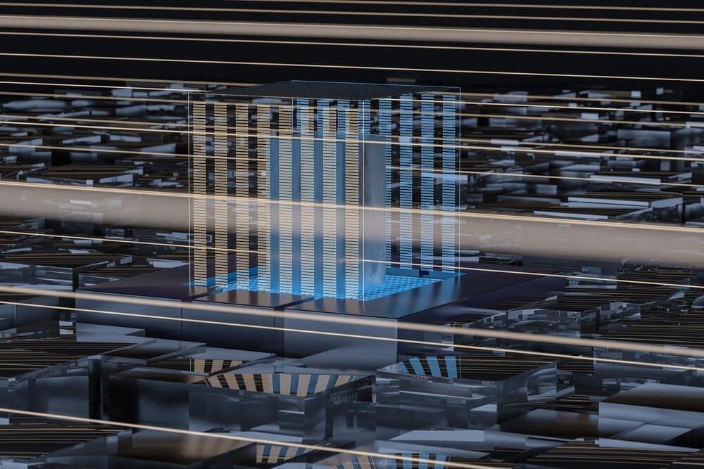 3D rendering of a blue and gold cube with a glass material.