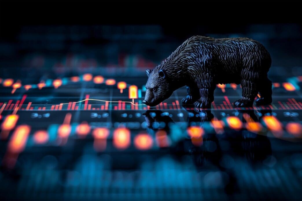Bull and bear icons stand on a candlestick chart, symbolizing the stock market and forex trading.