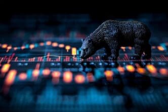 Bull and bear icons stand on a candlestick chart, symbolizing the stock market and forex trading.