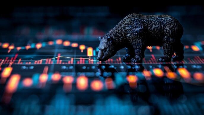 Bull and bear icons stand on a candlestick chart, symbolizing the stock market and forex trading.