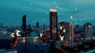 A digital interface shows a data analysis of a smart city with projections of future changes.