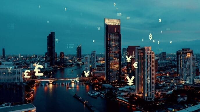 A digital interface shows a data analysis of a smart city with projections of future changes.