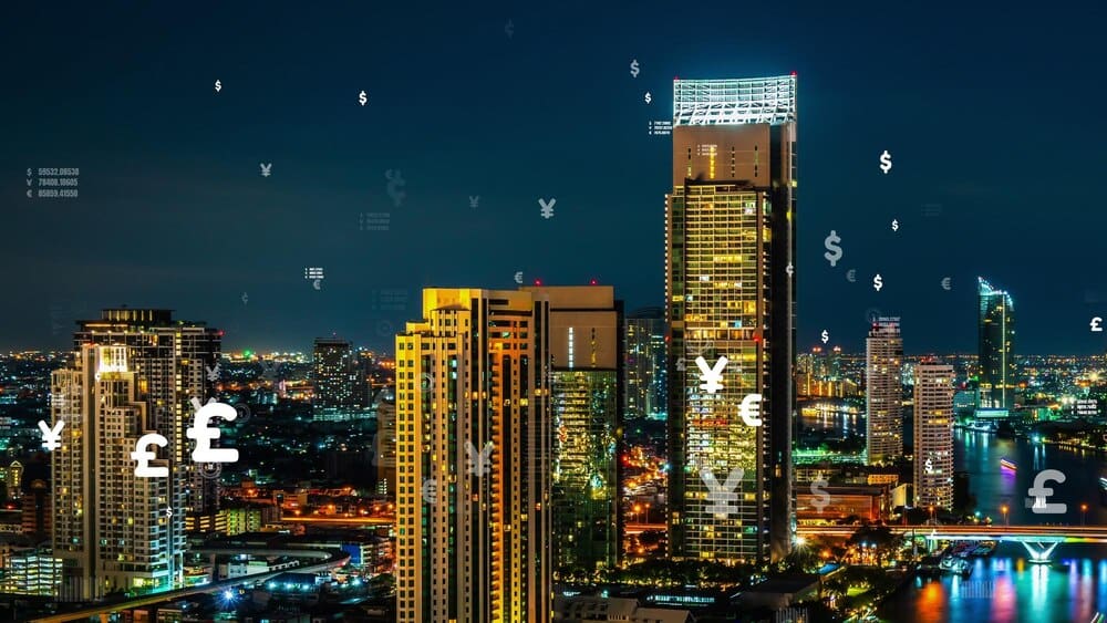 A futuristic smart city is displayed with a business data analytic interface overlaid, showcasing potential future modifications.