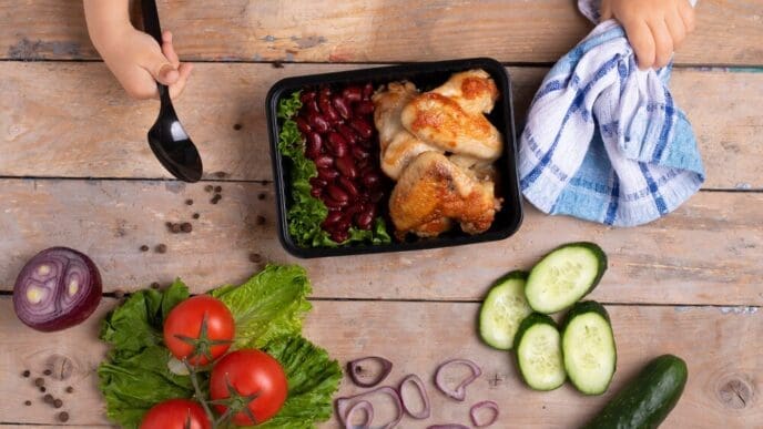 A business lunch in food boxes features roast chicken wings, steamed vegetables, and stewed meat, offering a ready-to-eat meal.