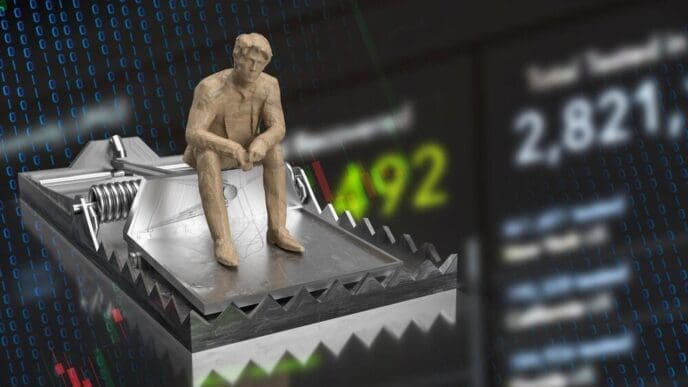 A 3D rendering shows a business man sitting on a trap hovering over a downward-trending chart, representing a financial crisis.