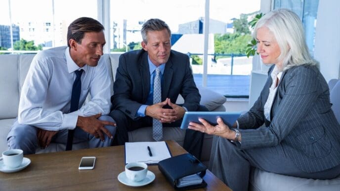 Business people of diverse backgrounds looking at a tablet computer.