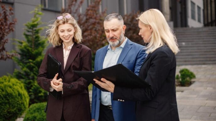 Business people in professional attire conversing in front of a contemporary office building.