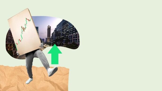 Businessman carrying a growing chart with a green upward arrow, symbolizing financial growth, through a bustling financial district.