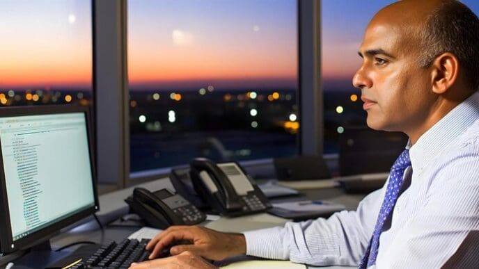 A businessman works late at night in an office with a cityscape visible through the window.