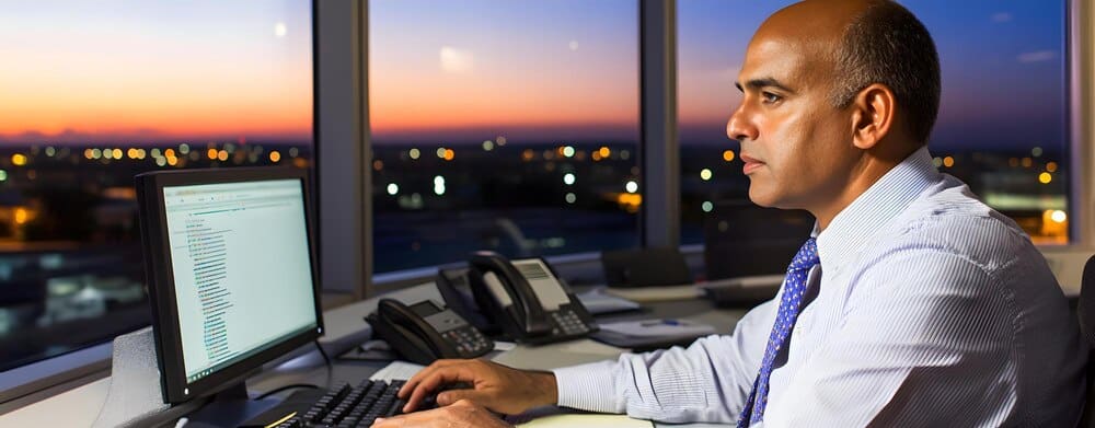 A businessman works late at night in an office with a cityscape visible through the window.