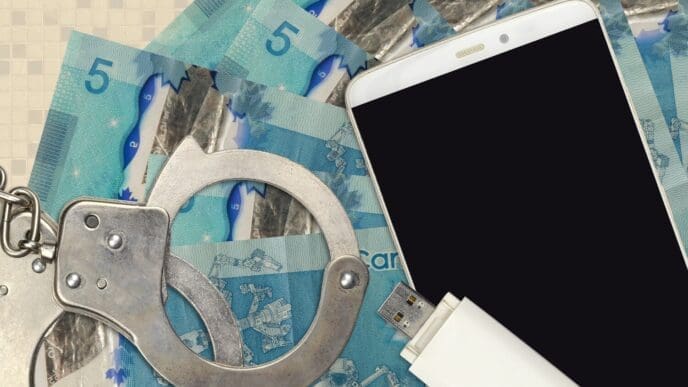 Canadian dollar bills and a smartphone are next to a pair of police handcuffs.