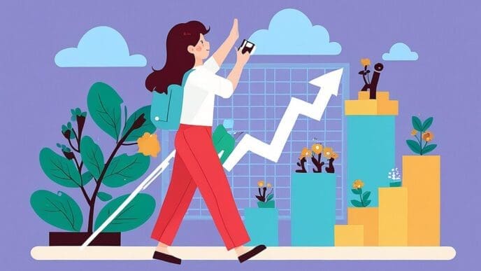 A flat illustration depicts a line graph trending upwards with a person climbing the graph, symbolizing career growth.