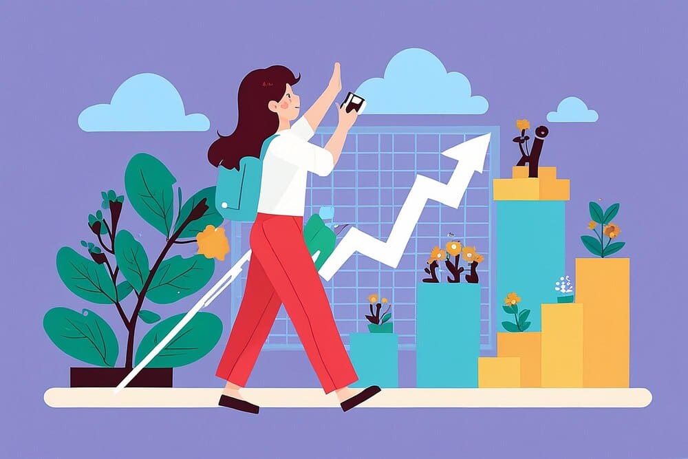 A flat illustration depicts a line graph trending upwards with a person climbing the graph, symbolizing career growth.