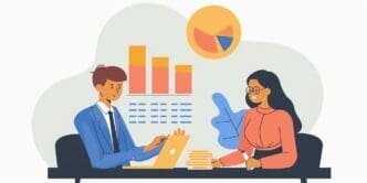 Cartoon of a man and a woman collaborating at a computer, with a chart displaying a diagram showing the company's data.