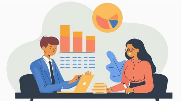 Cartoon of a man and a woman collaborating at a computer, with a chart displaying a diagram showing the company's data.