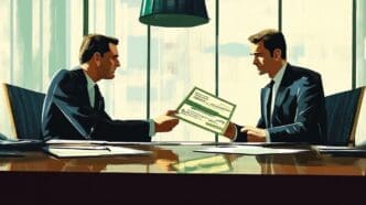 A cartoon depicts two men handing a large check to a third man.