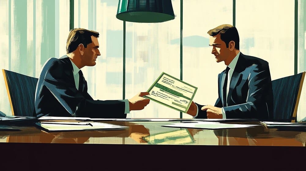 A cartoon depicts two men handing a large check to a third man.