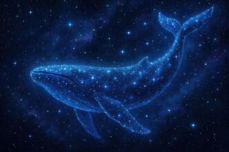 A large whale swims through a starry cosmos.