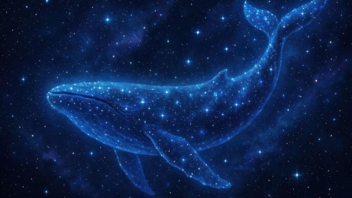 A large whale swims through a starry cosmos.