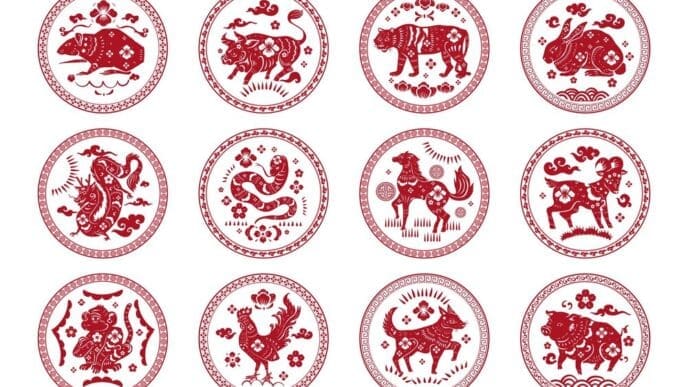 Set of red badges featuring the twelve animals of the Chinese zodiac.