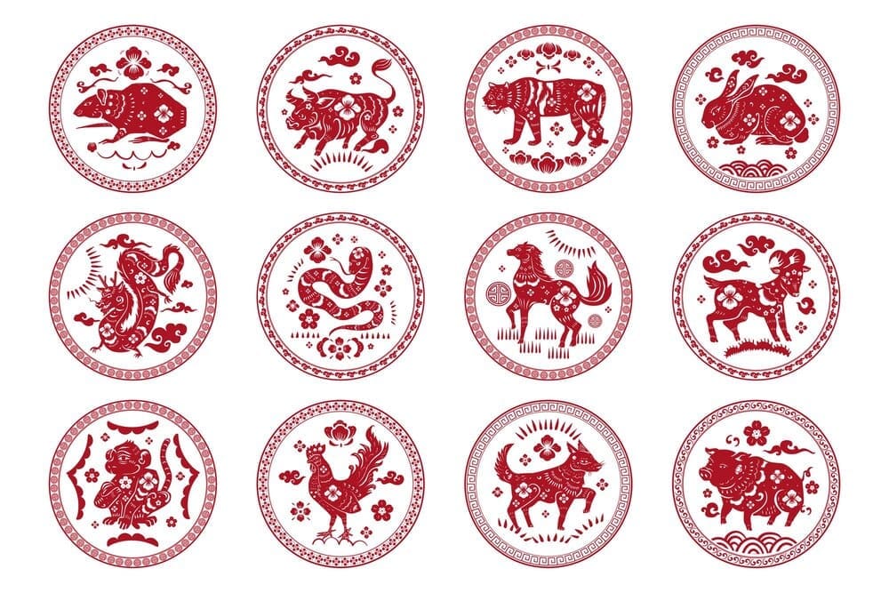 Set of red badges featuring the twelve animals of the Chinese zodiac.