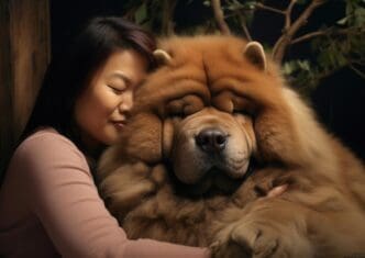 A fluffy Chow Chow dog with a thick, reddish-brown coat is looking towards the camera.