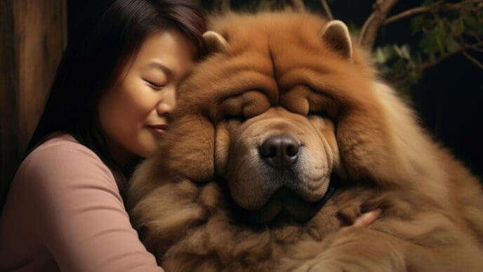A fluffy Chow Chow dog with a thick, reddish-brown coat is looking towards the camera.