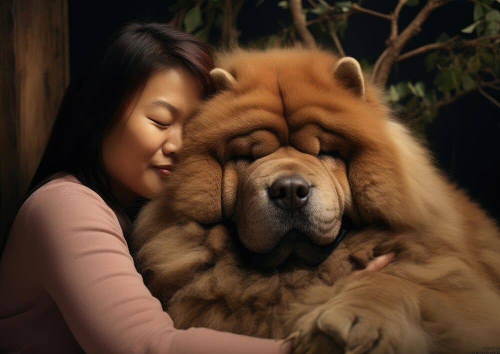 A fluffy Chow Chow dog with a thick, reddish-brown coat is looking towards the camera.