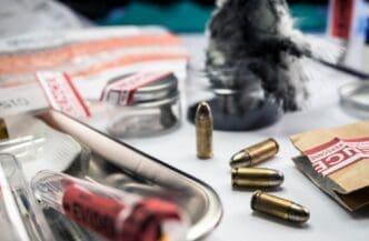 Close-up shot of various objects arranged on a table.
