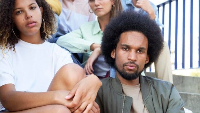 Close-up portrait of several young people of mixed race.