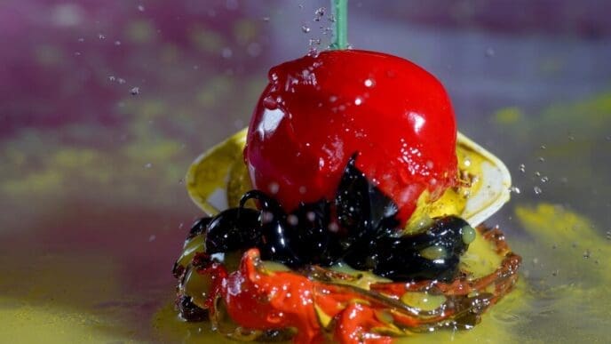 Close-up of a glistening red strawberry with water droplets on a wooden table.