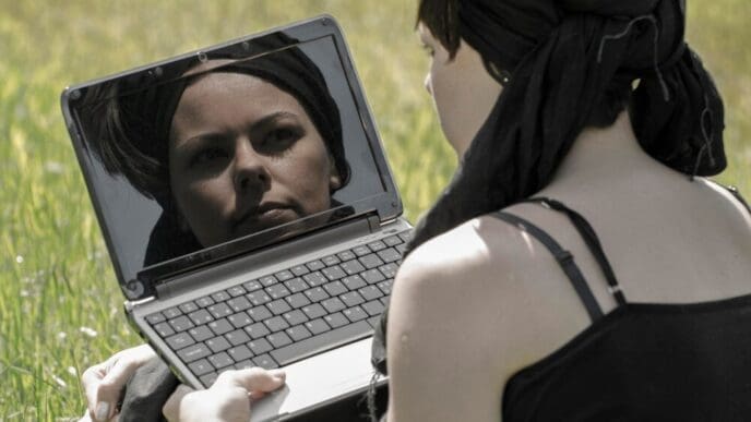 A woman is shown in a close-up view, focused on using a laptop.