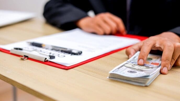 Close-up of fingers touching a bundle of US dollar bills next to a legal document, possibly suggesting a bribe.