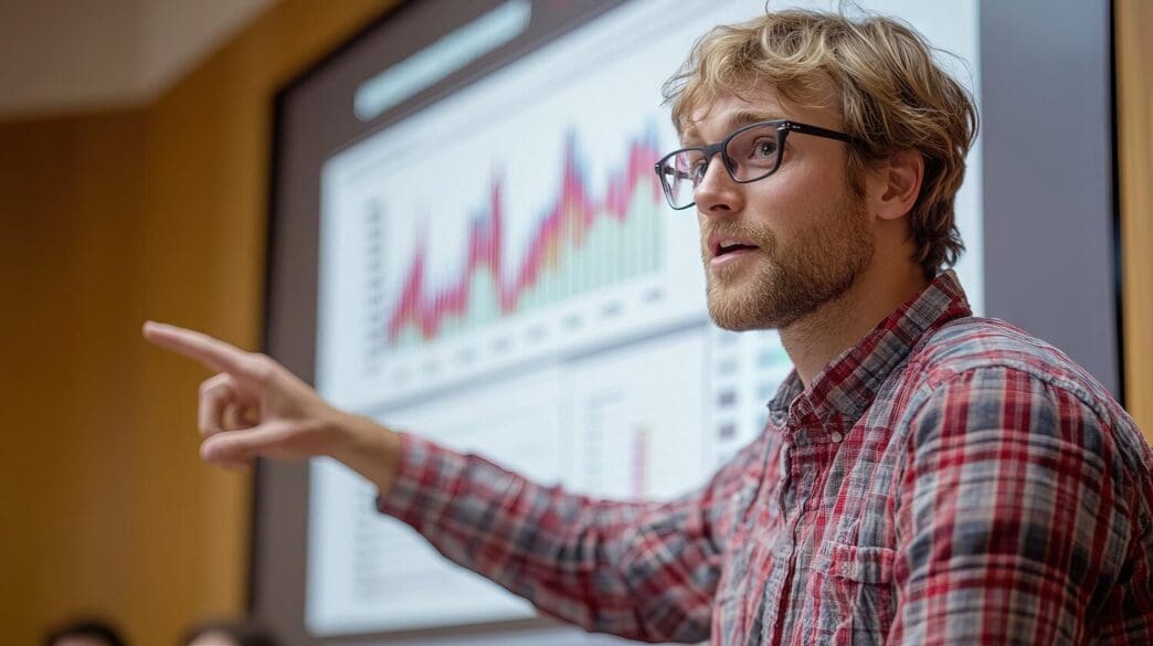 A presenter points to a chart on a screen while explaining complex data during a presentation.