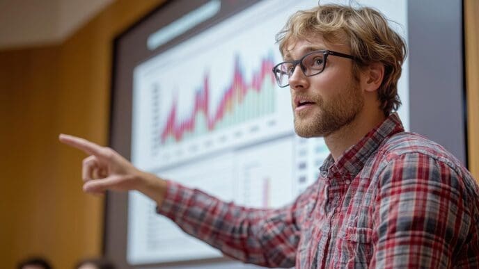 A presenter points to a chart on a screen while explaining complex data during a presentation.