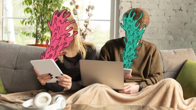 Cartoon collage of a young Caucasian couple with bright colors and a modern design, representing relationships and communication.
