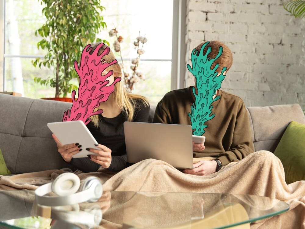 Cartoon collage of a young Caucasian couple with bright colors and a modern design, representing relationships and communication.