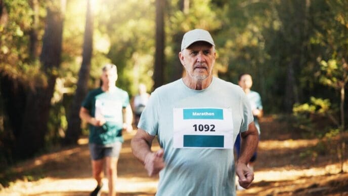 A mature man runs a marathon in a forest.