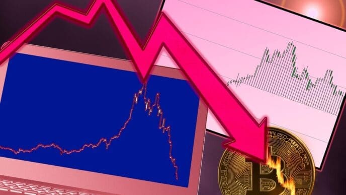 A laptop displays a graph of falling prices, with a flaming bitcoin symbol superimposed, illustrating a price crash for cryptocurrency.