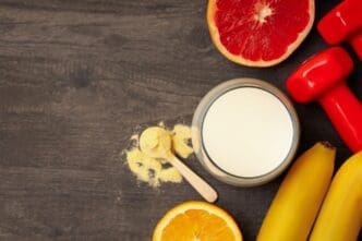 A white background with text overlays and sports nutrition-related icons creates a concept for a sports nutrition webpage.
