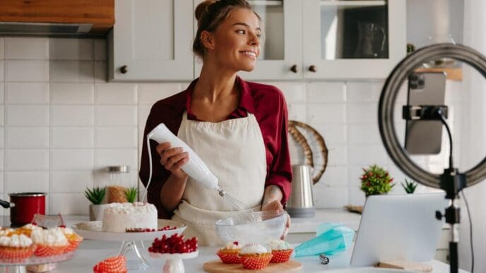 A female pastry chef confidently whisks cream while preparing a cake in a home kitchen.