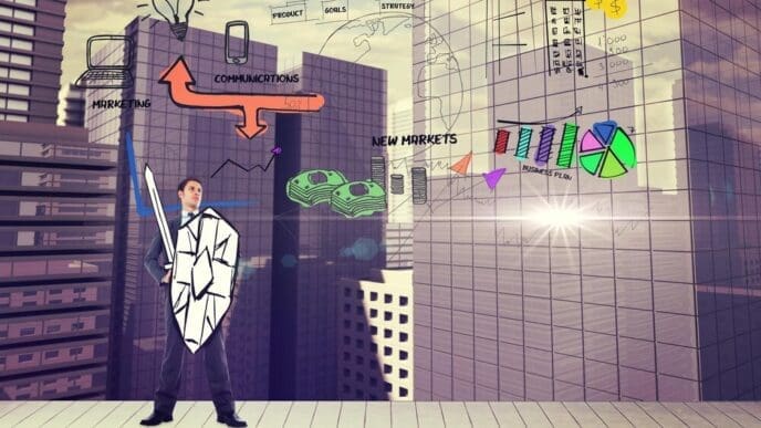 A businessperson in a suit stands with arms crossed, superimposed over a cityscape graphic.